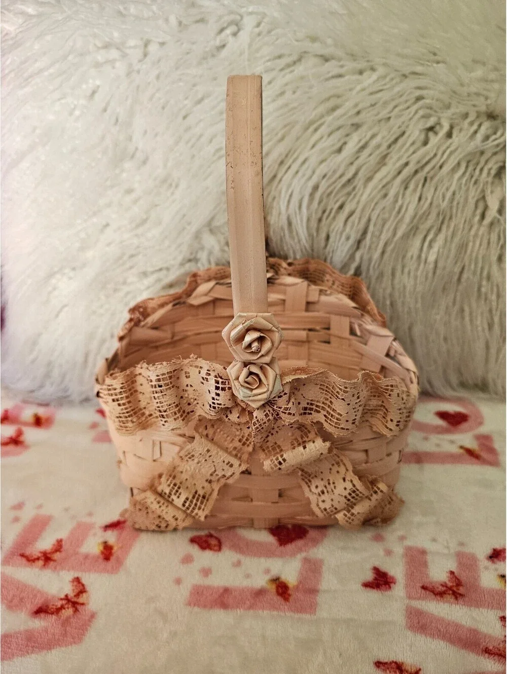 Vintage Hand-Woven Painted Basket Lace Pink 11X7.5 Philippines Floral Decor